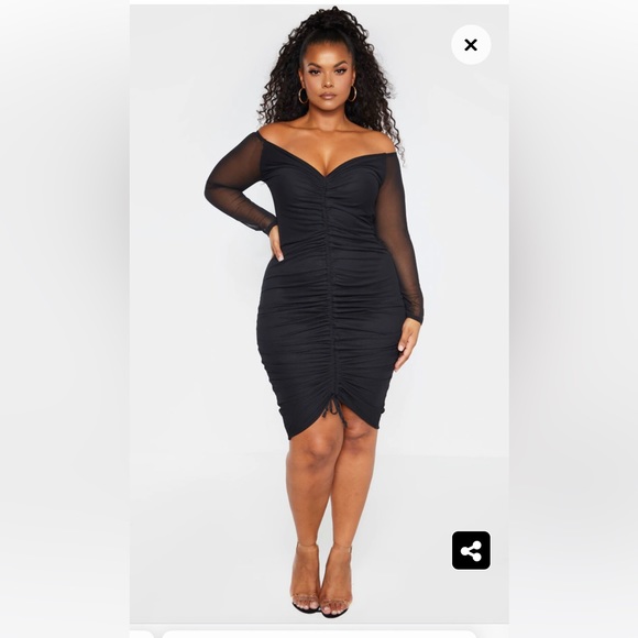Midi Dress Long Bardot Dress PrettyLittleThing Dresses Plt Plus Black Mesh  Ruched Bardot Midi Dress Nwt Poshmark